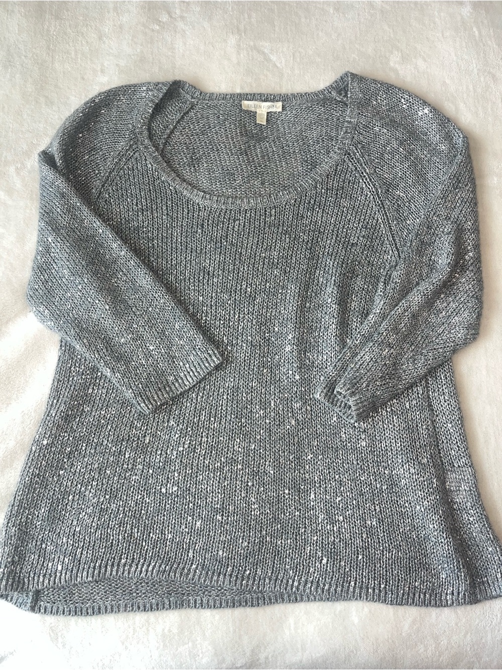 Eileen Fisher Light Gray Scoop Neck Knit Sweater Half Sleeve Pullover Medium